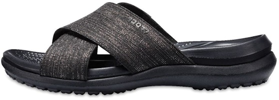 (Women) Crocs Capri Shimmer 'Black Sporty Slip-Resistant Slide' 204908-060 (Women) Crocs Capri Shimmer 'Black Sporty Slip-Resistant Slide' 204908-060