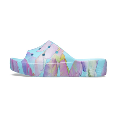 (W) Crocs Classic Platform Palm Print Slide 'Blue Multi-Color'