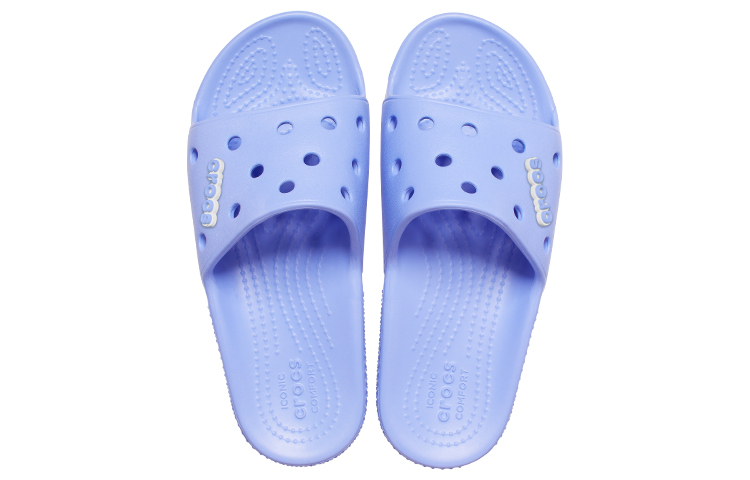 Shop Crocs卡駱馳 經典涼拖一字平底拖鞋 男女同款 水晶紫