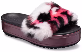 Lookbook Crocs Crocband Platform So Luxe Sld 簡約休閒厚底一字型毛毛拖鞋 女款 酒紅色