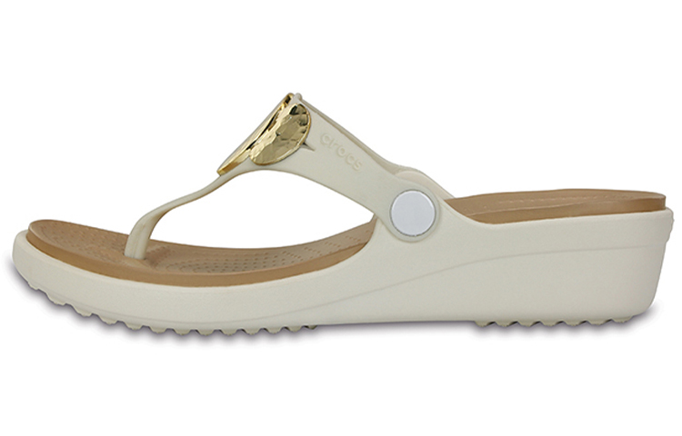 (Women) Crocs Sanrah Embellished Wedge Flip 'White Gold Brown' 204009-13S
