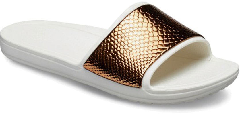 Crocs Sloane Metaltext 輕便舒適平底拖鞋 女款 白金 Lookbook Crocs Sloane Metaltext 輕便舒適平底拖鞋 女款 白金