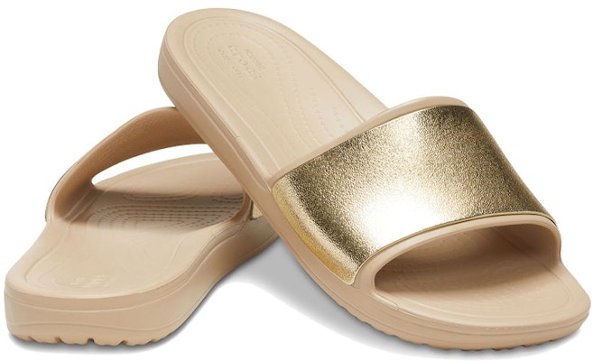 Crocs Sloane Shine Low Slide 簡約休閒平底拖鞋 女款 棕金色 Shop Crocs Sloane Shine Low Slide 簡約休閒平底拖鞋 女款 棕金色