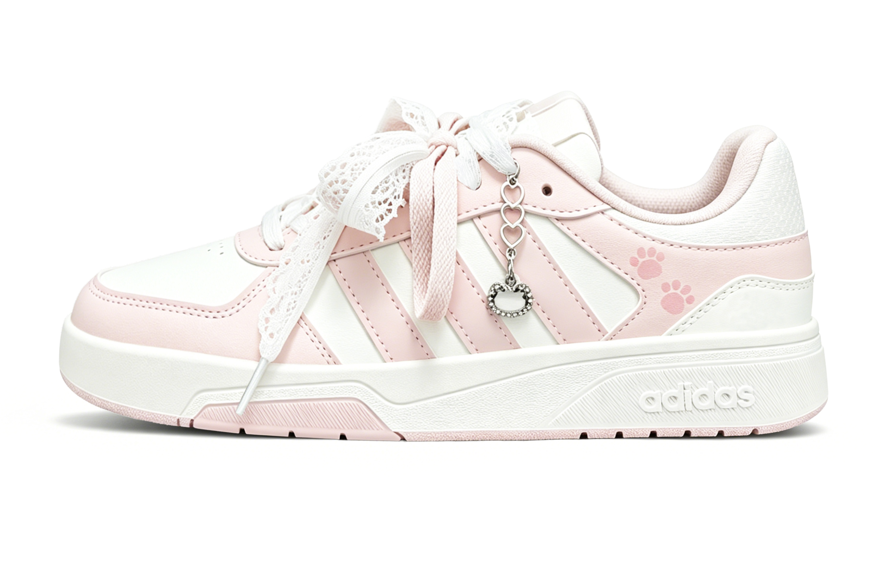 (Women) Custom adidas COURTBEAT Pink White Sneakers | Cute Lace Cat Charm, Non-Slip. KI6785 (Team2828-Lace Cat Paws)