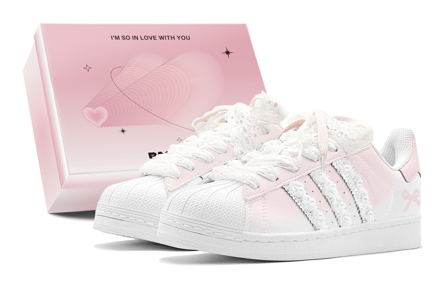 (Women) Custom adidas Originals Superstar 2 Women’s Pink White Sneakers Romantic Pearl Bow JH9976 (TeamS1 - Pink Love Pearl S-BOX)