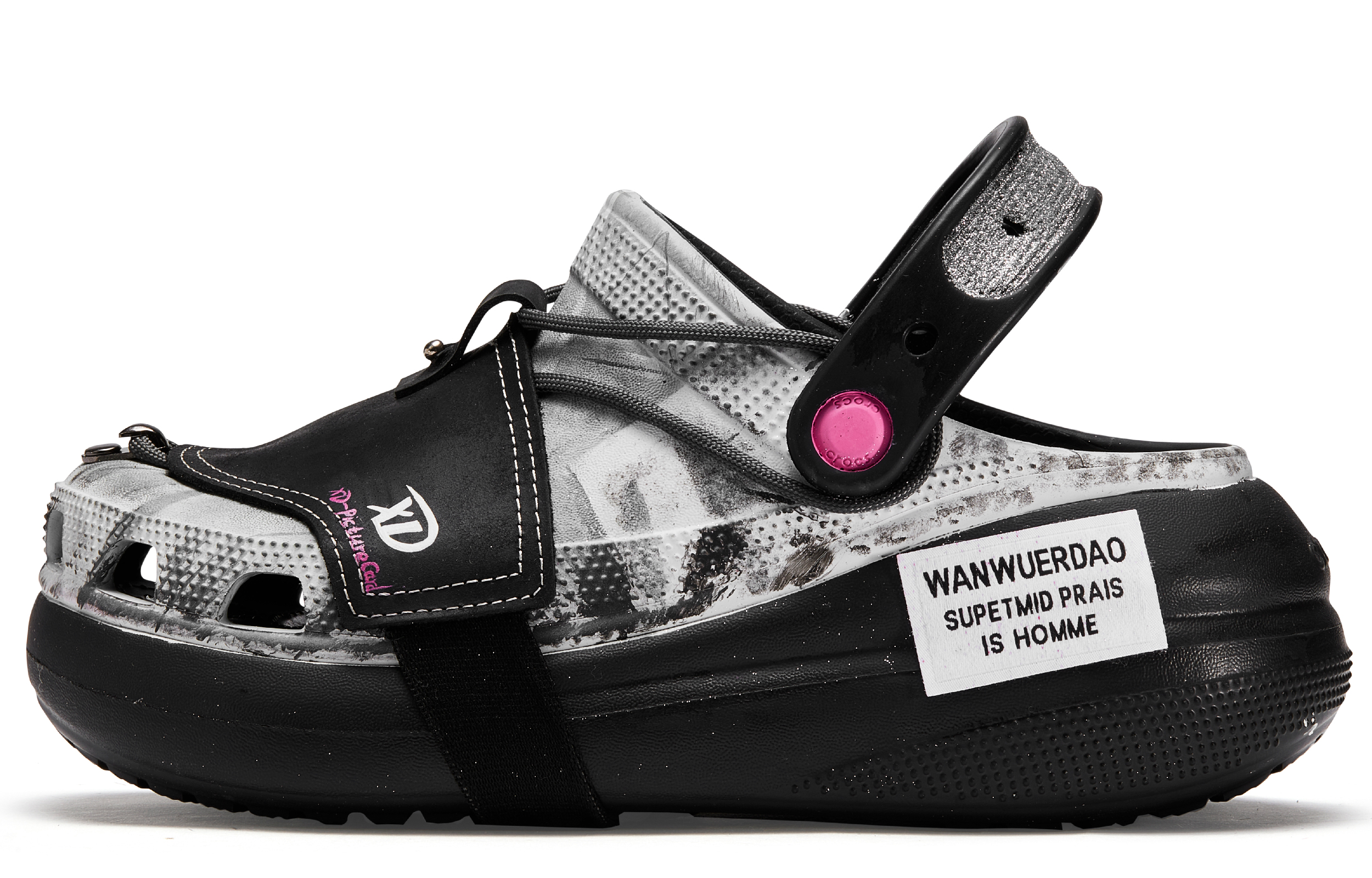 (Women) Custom Crocs Classic Crush Da Vinci Edition Hand-Painted Beach Clogs Grey/Pink. 207521-001 (TeamM Initial Letter BOX)