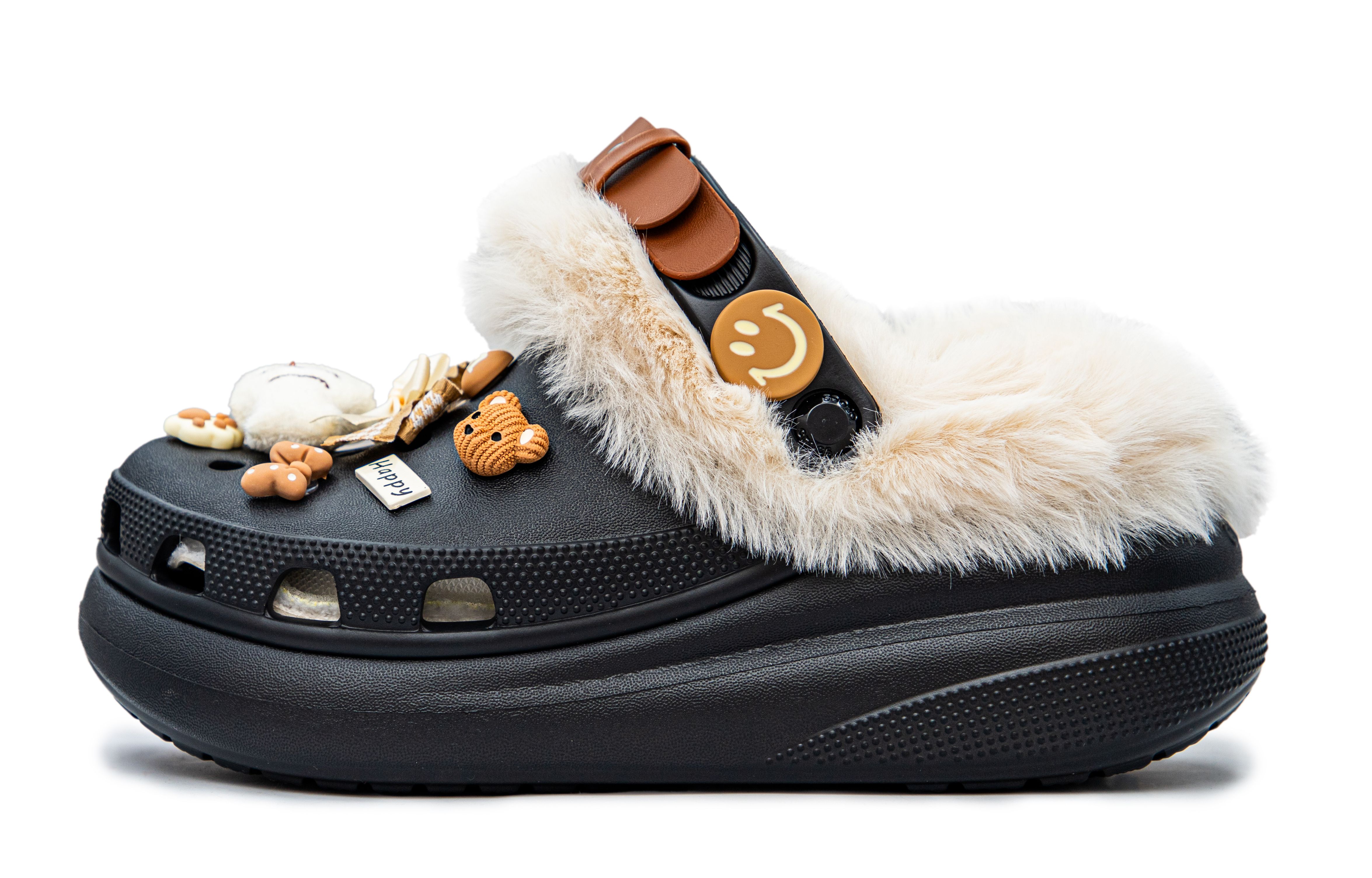 (Women) Custom Crocs Classic Crush Fuzzy EVA Clogs Black - Cute & Trendy Design 207521-001 (Team241 - Fluffy Girl)