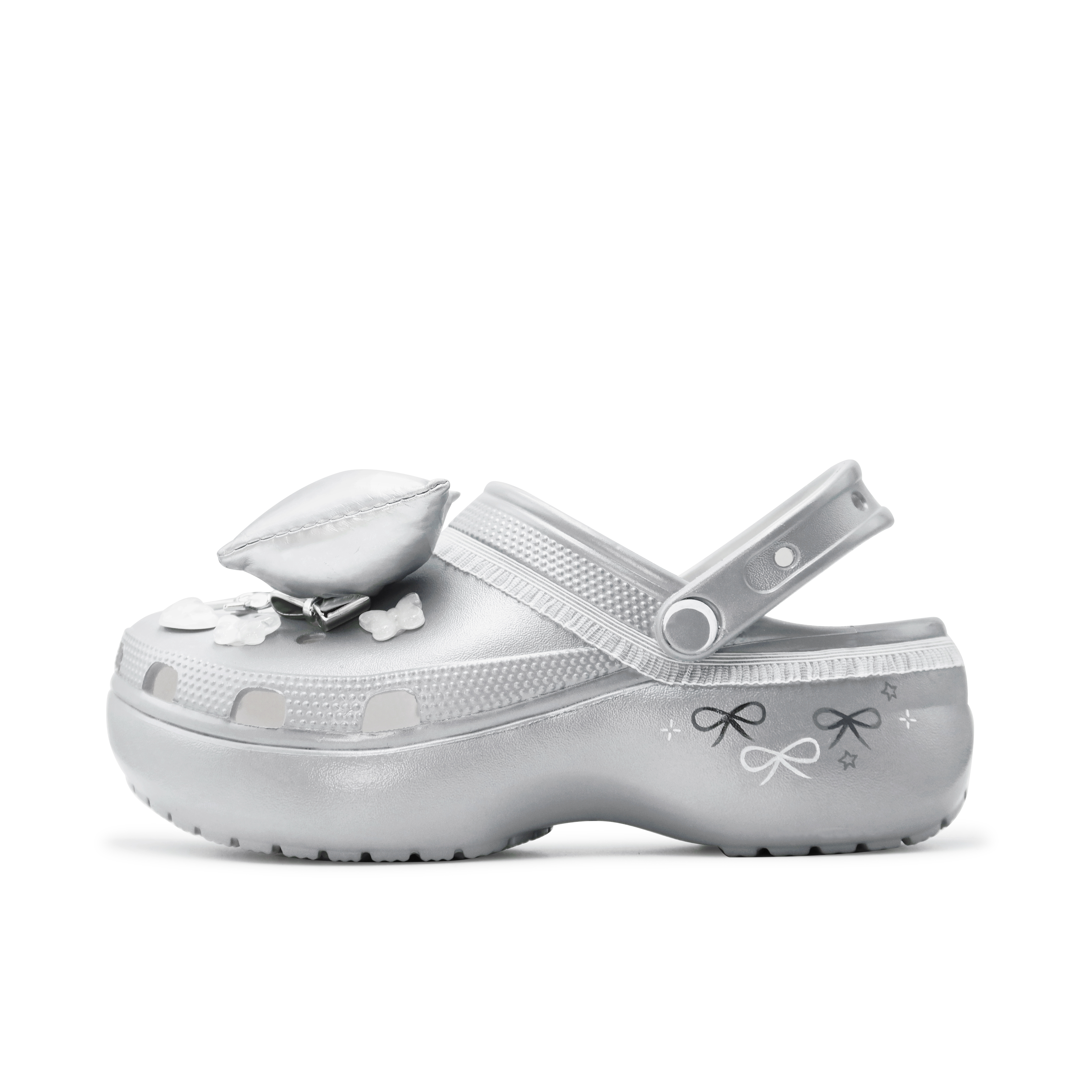 (Women) Custom Crocs Classic Platform Clog Ballet White Silver Bow Romantic Punk Lace. 206750-100 (Team186 - Adorable Setting)