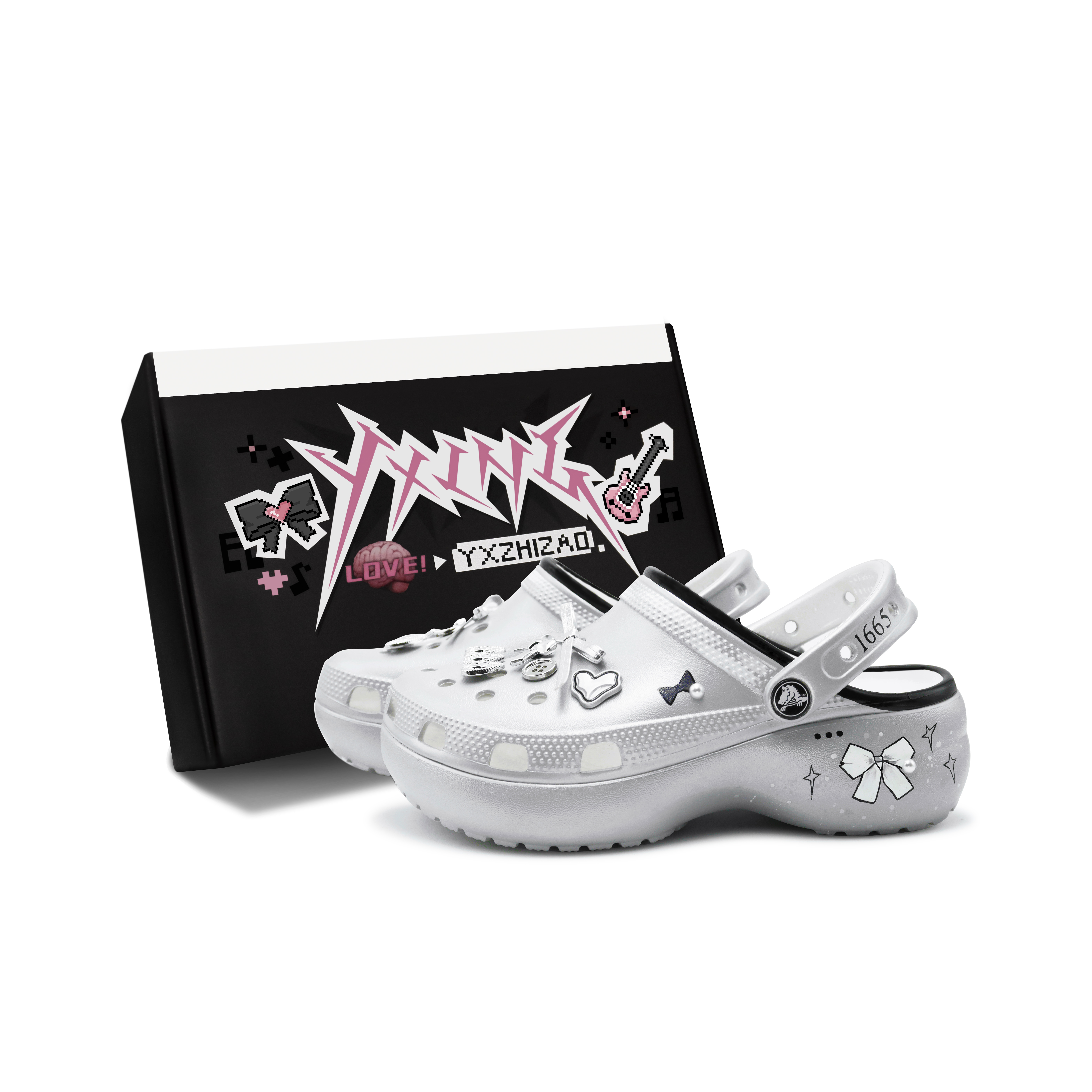 (Women) Custom Crocs Classic Platform Clog Baroque Butterfly Bow Romantic Punk Silver. 206750-100 (Team186 - Shojo Gaho S-BOX)