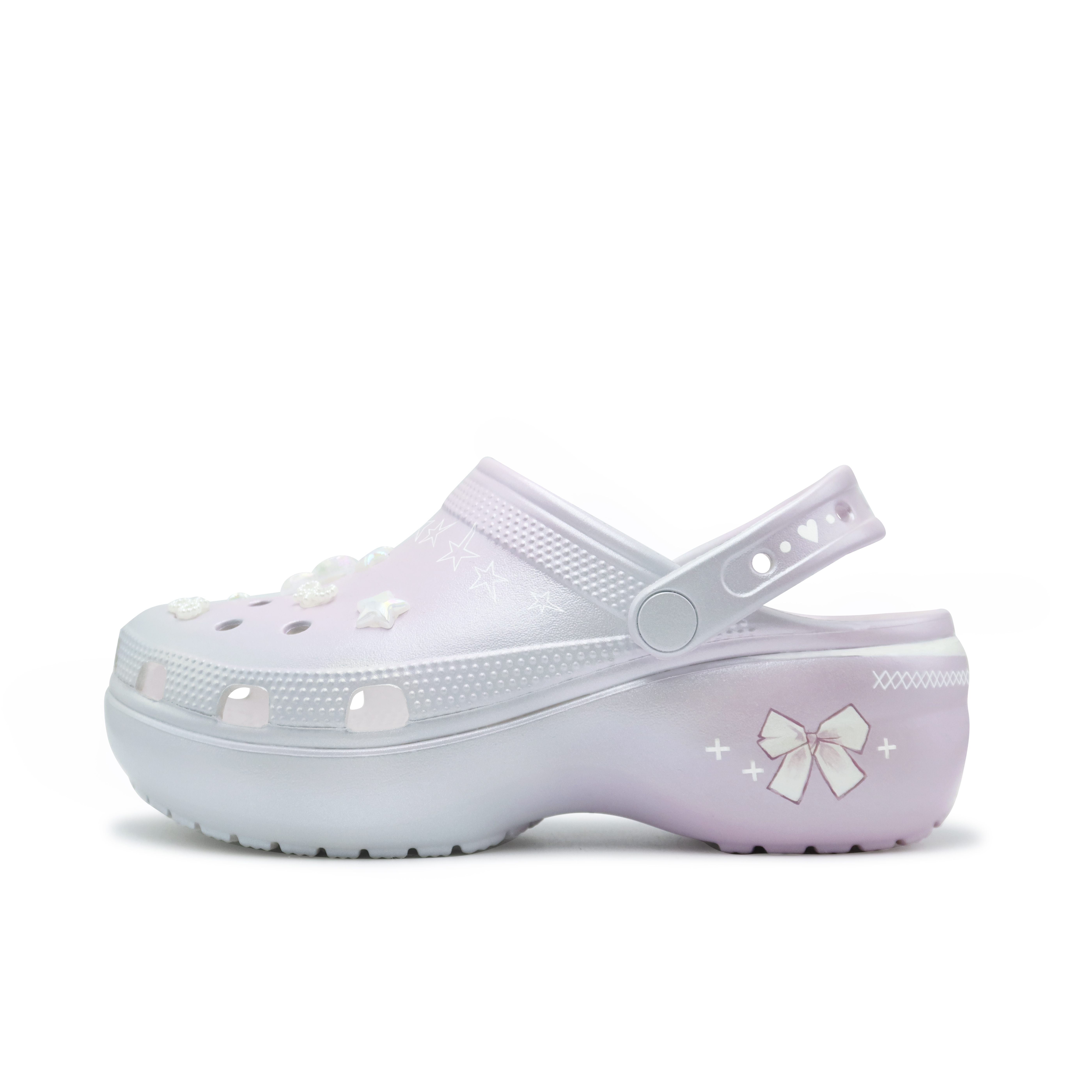 (Women) Custom Crocs Classic Platform Clog Silver Pink Butterfly Bow Punk Ballet Shoes Women 206750-100 (Team186- Butterfly Bow Punk)