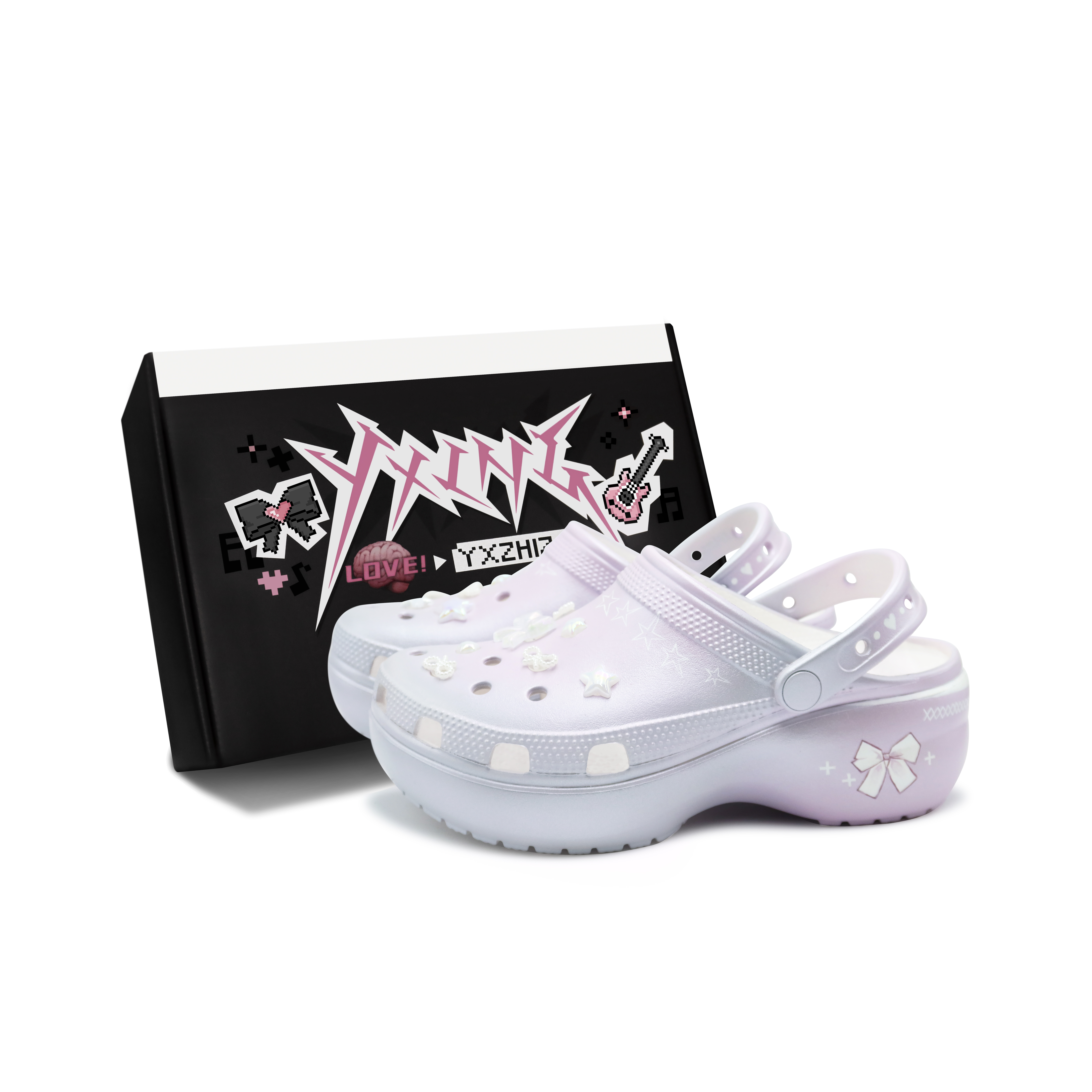(Women) Custom Crocs Classic Platform Clog Silver Pink Butterfly Bow Punk Ballet . 206750-100 (Team186 - Butterfly Bow Punk S-BOX)