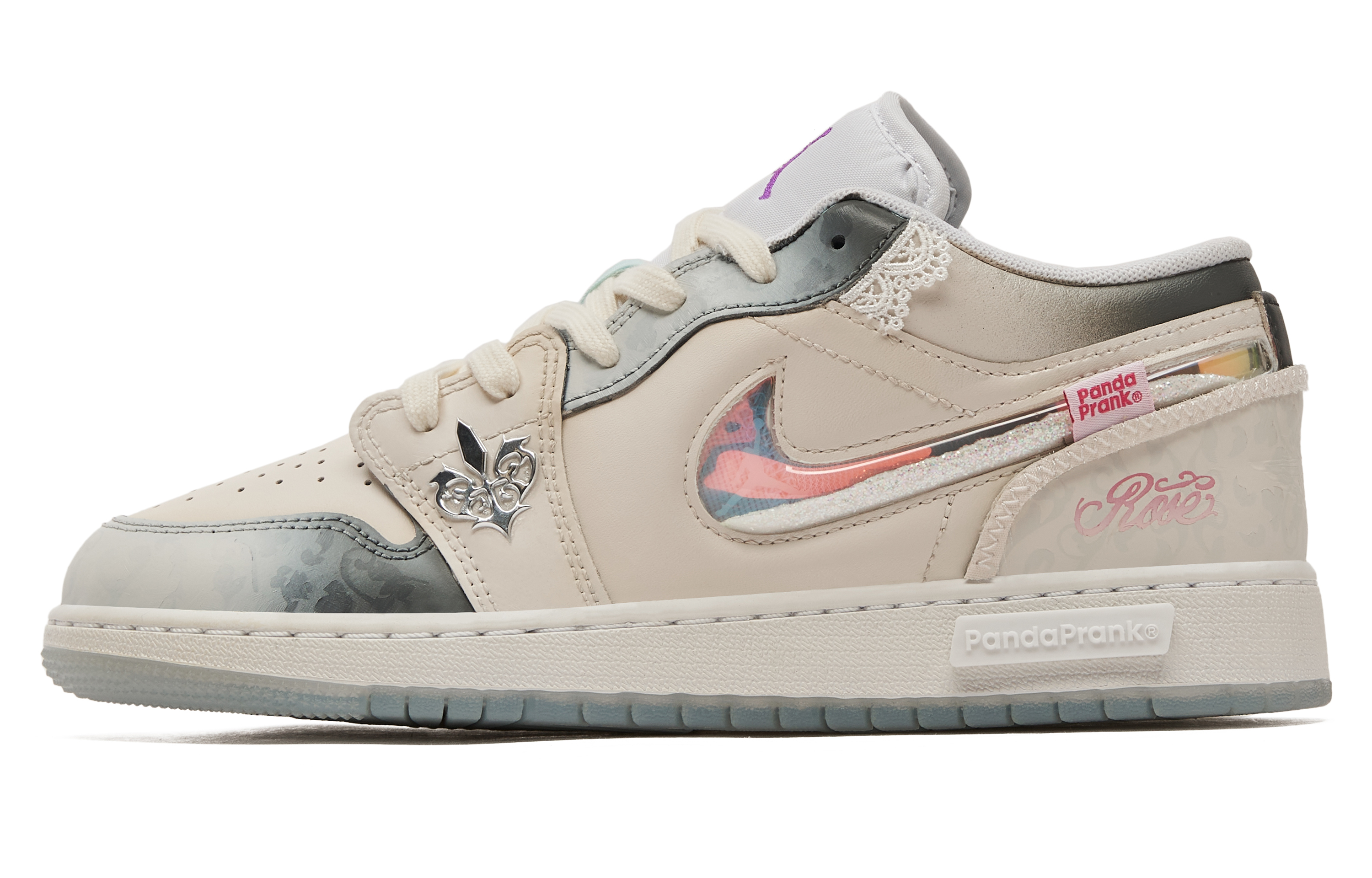 (Women) Custom Jordan Air Jordan 1 Low Panda Prank Modern Mist Gray Retro Sneakers. HJ3481-491 (TeamH-GS Misty Flower Borders S-BOX)