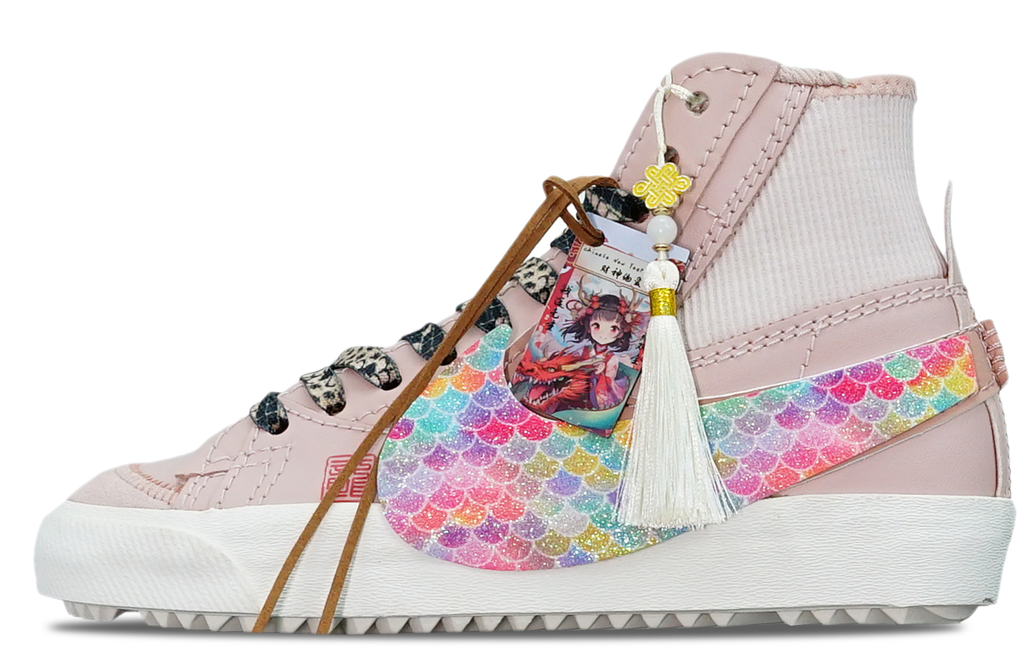 (Women) Custom Nike Blazer Mid "Pink Oxford" CNY Dragon Scales Sparkly Pink Sneakers DQ1471-600 (TeamT - Glitter Pink Dragon Scales)