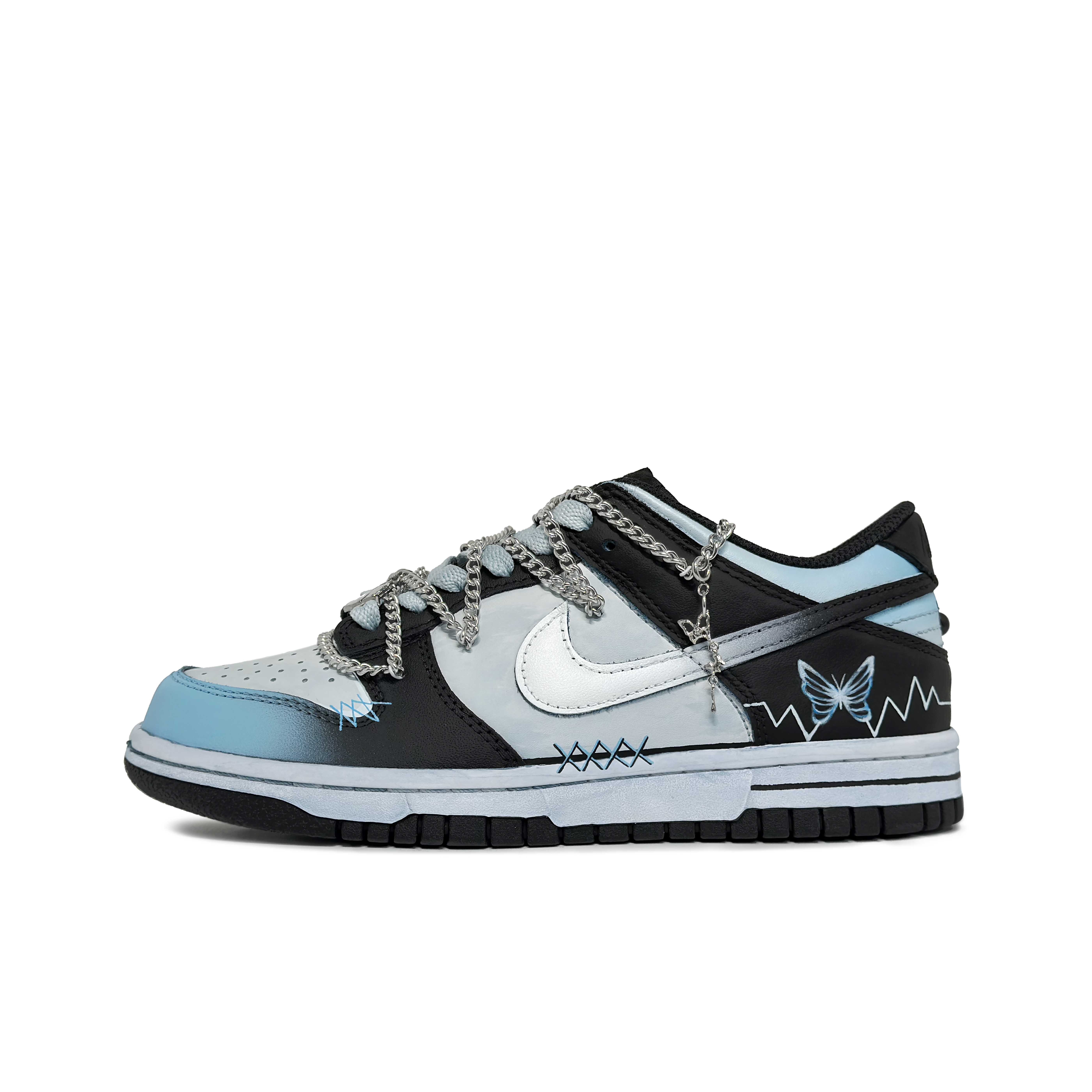 (Women) Custom Nike Dunk Butterfly Y2K Punk Aesthetic Blue White Black Low GS Sneakers. DH9765-104 (Team186-Butterfly Bubble Sheet)