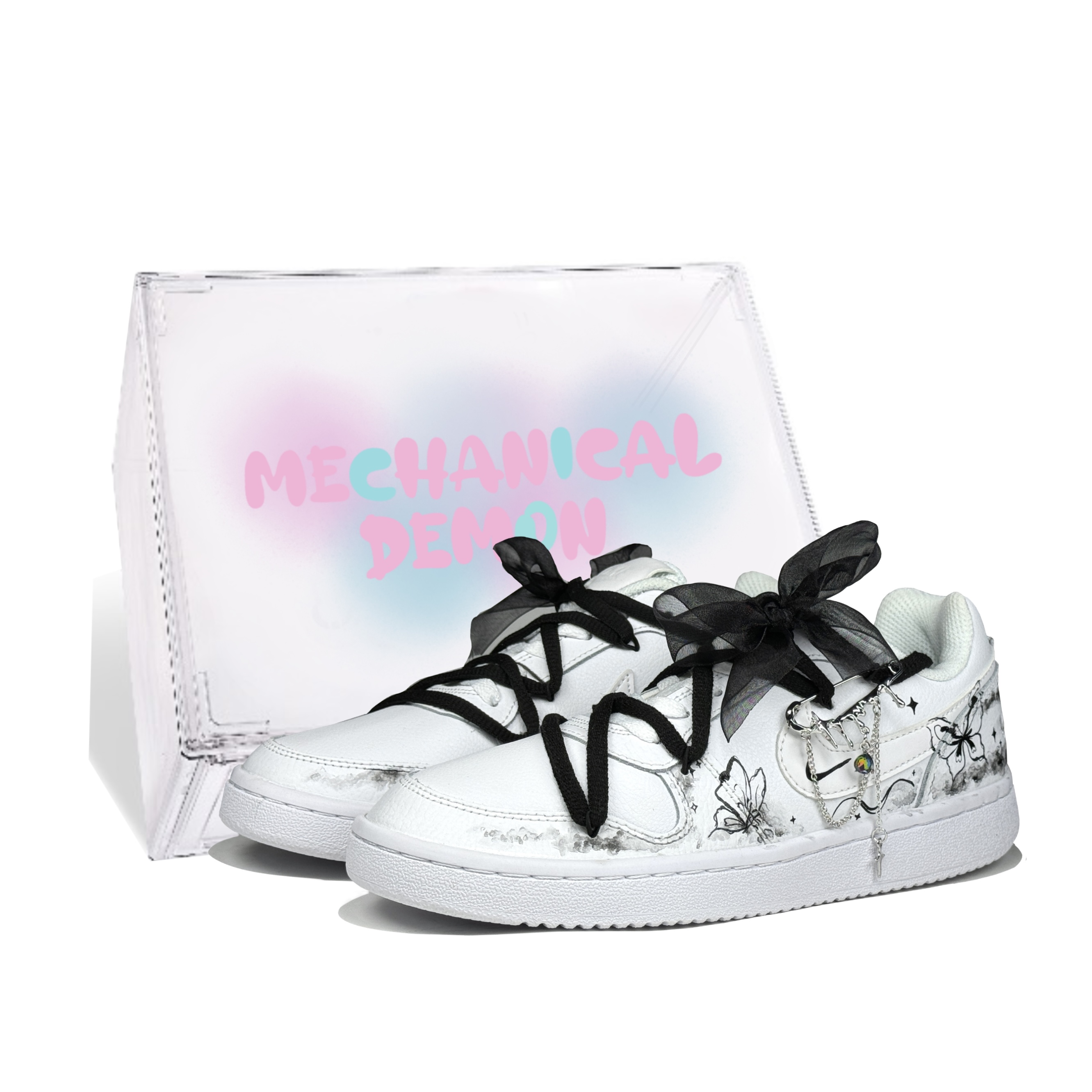 (Women) Custom Nike Ebernon Low 'Starry Butterfly' Chinese Ink Art Sneakers AQ1779-100 (Team83 Women's Starry Night Butterfly SBOX)