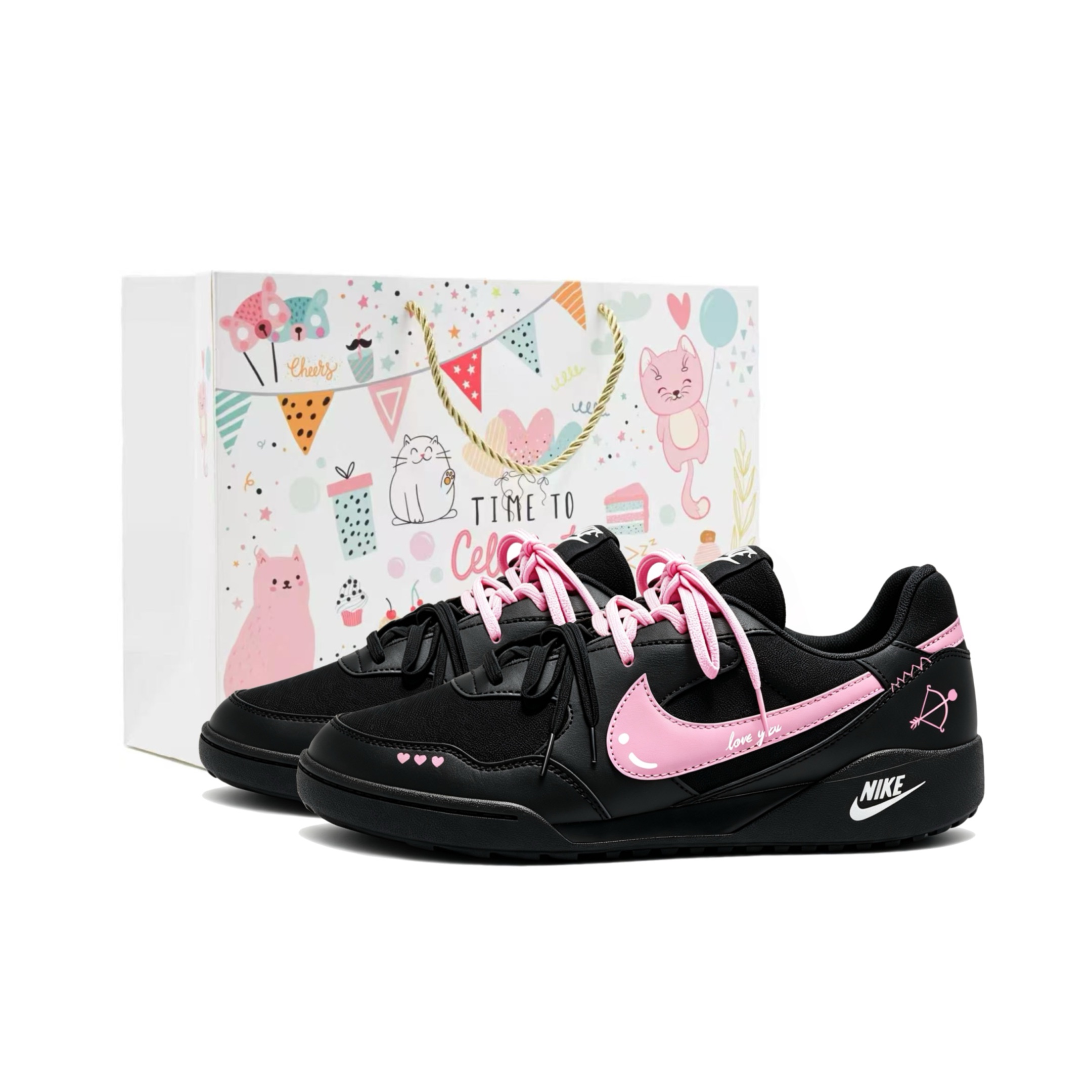 (Women) Custom Nike Terra Manta Black Pink Retro Casual Low Sneakers Couples Style HQ1940-001 (Team292 - Love at First Sight)