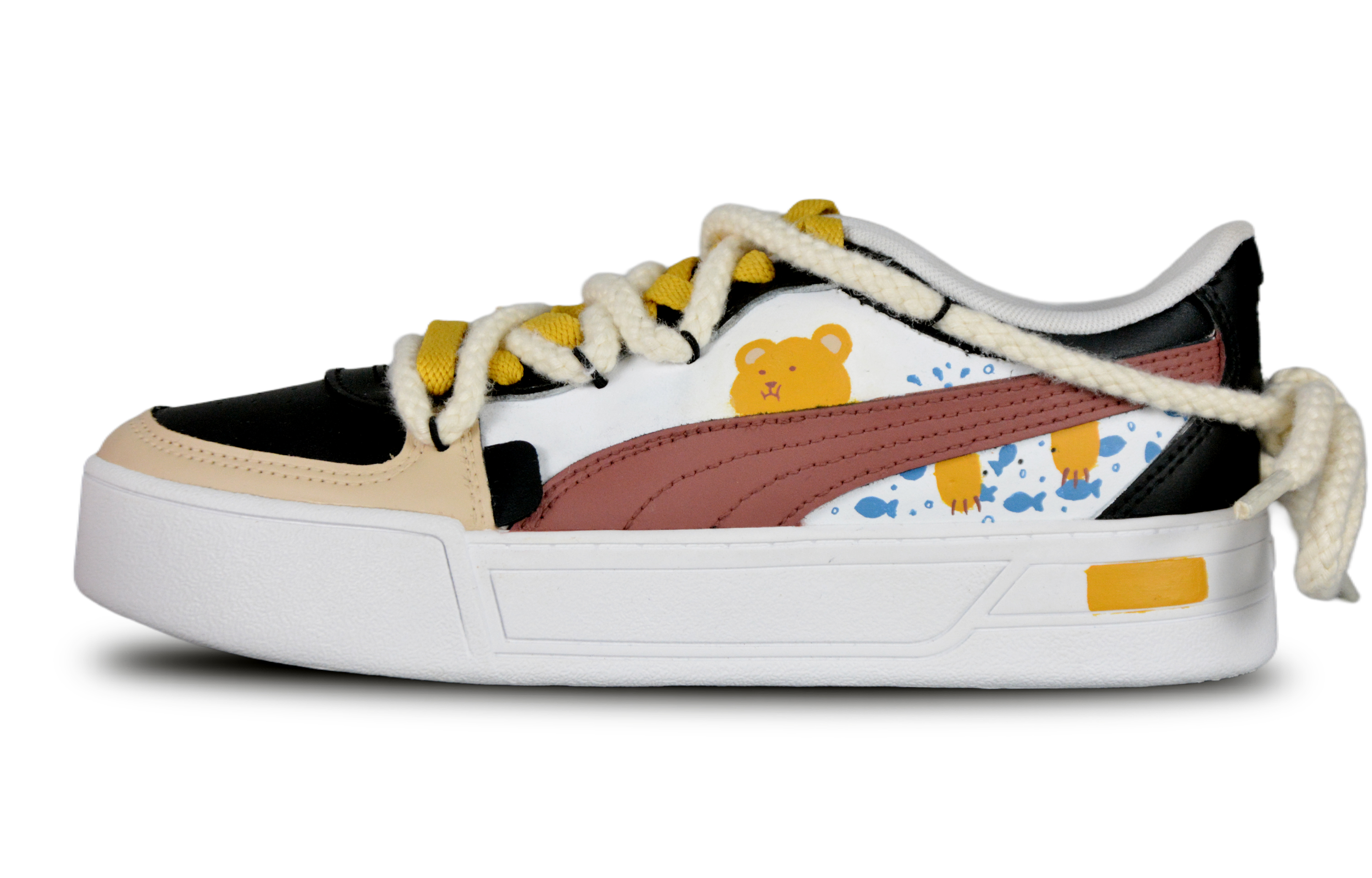 (Women) Custom Puma Skye Yellow Black Deconstructed Bear Casual Low-Top Sneakers Women 374764-02 (Team257 - Women's Lazy Bear Design)