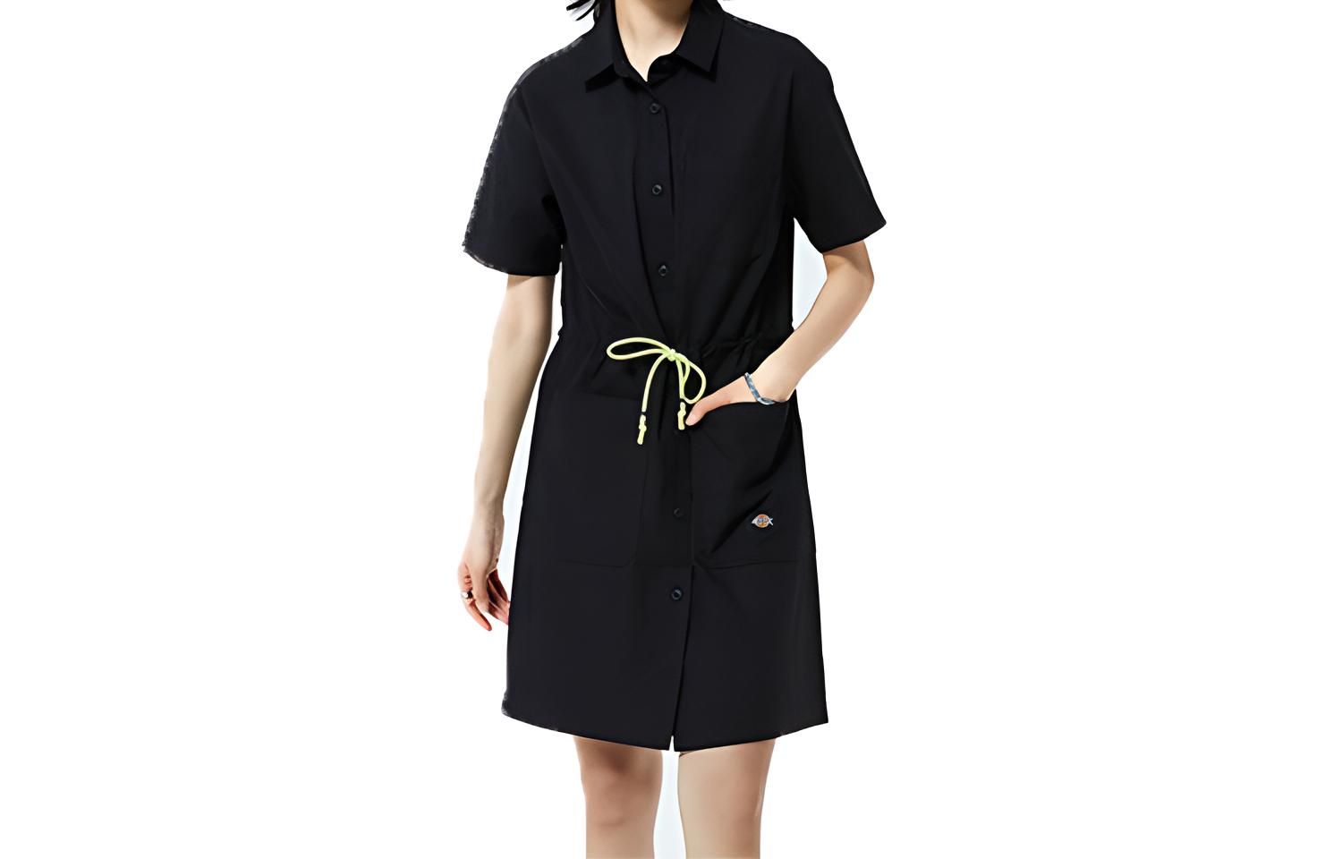 (Women) Dickies Black Short Sleeve Workwear Dress with Drawstring Waist and Pockets DK010872-CC2