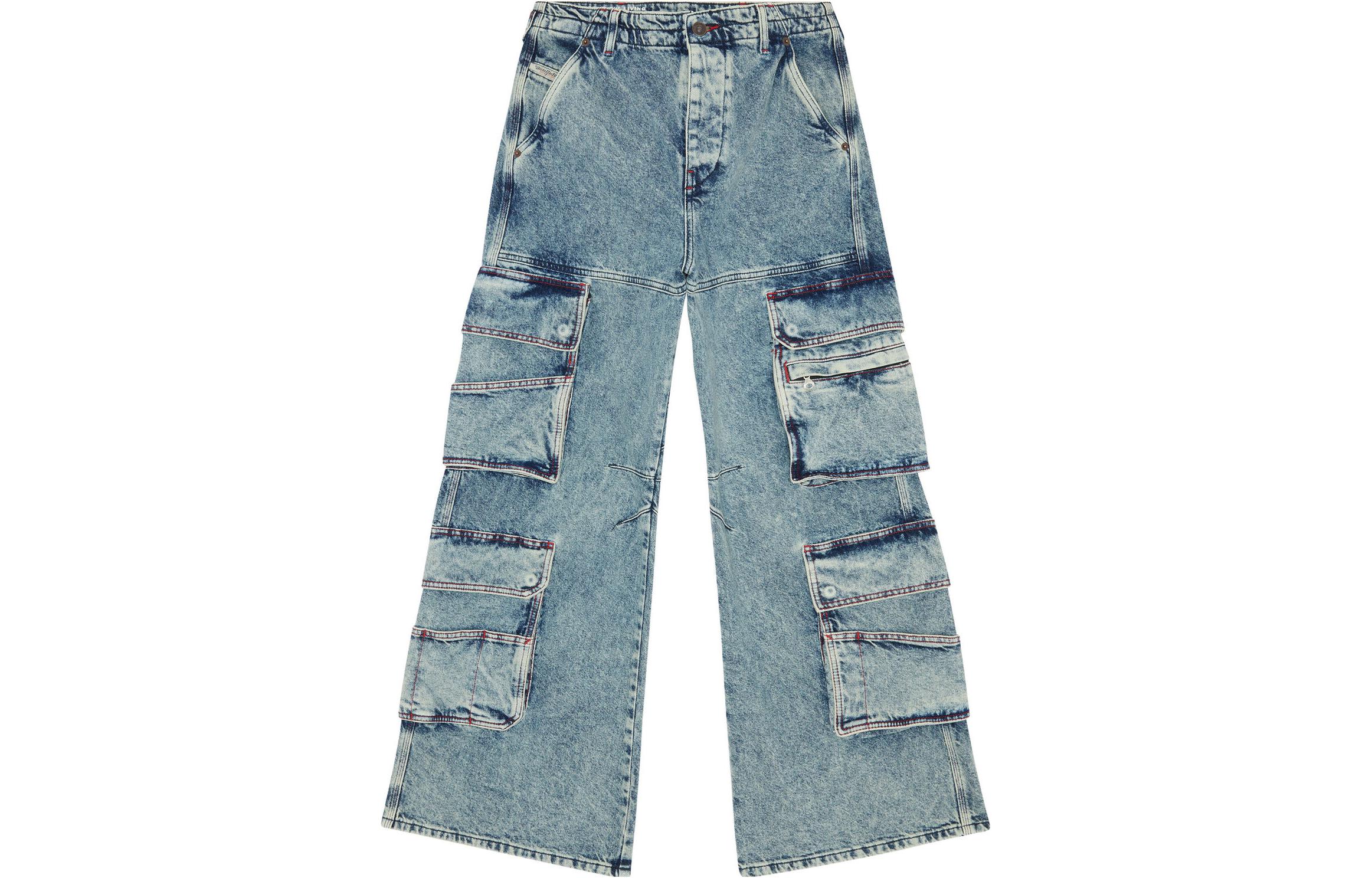 Order (W) DIESEL 23FW Celana Jeans Cargo Low-Waist Wide-Leg Retro Biru Tengah. A091970EMAN-01