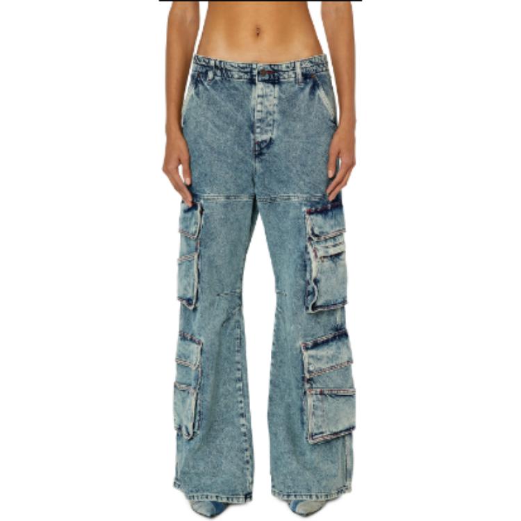 Lookbook (W) DIESEL 23FW Celana Jeans Cargo Low-Waist Wide-Leg Retro Biru Tengah. A091970EMAN-01