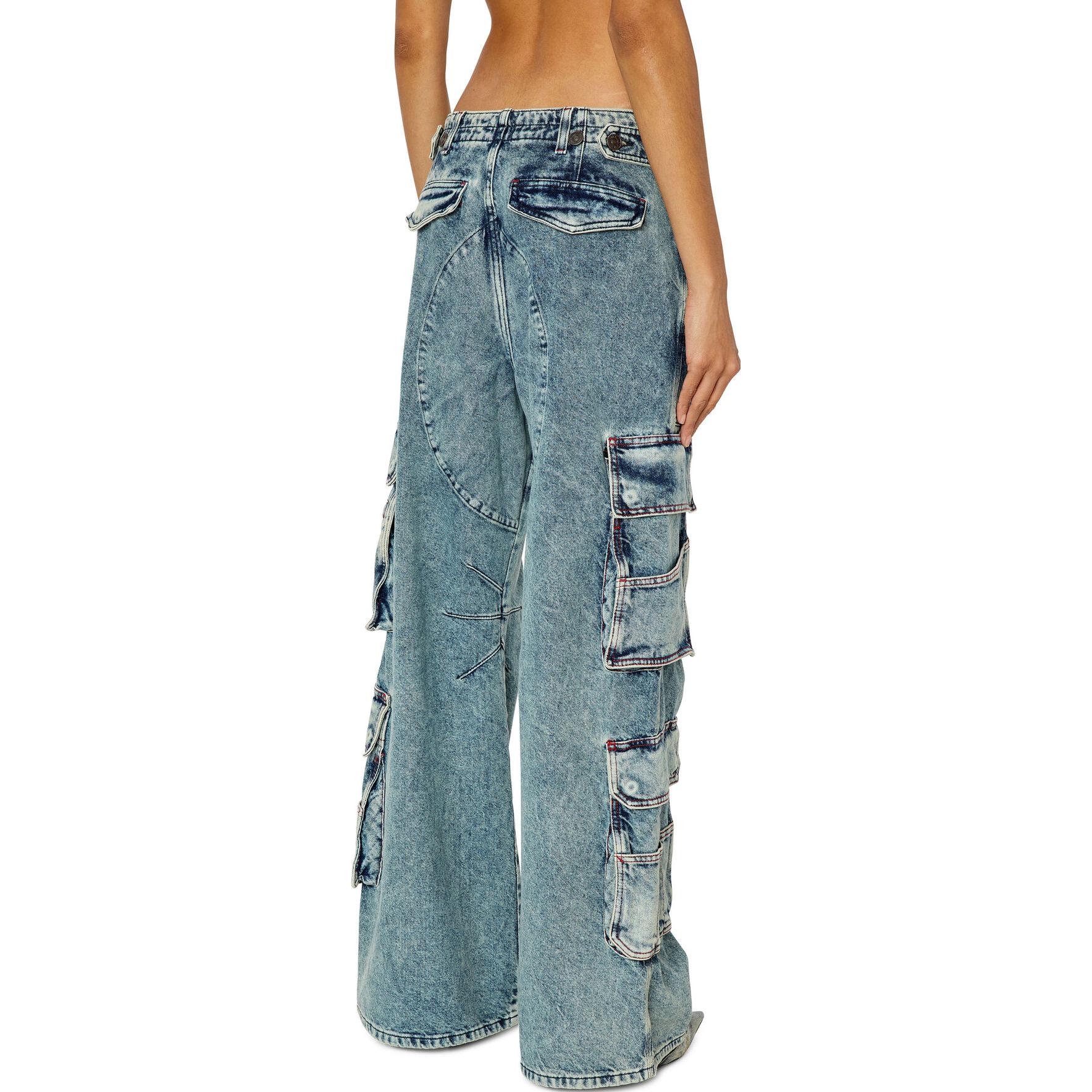 Shop (W) DIESEL 23FW Celana Jeans Cargo Low-Waist Wide-Leg Retro Biru Tengah. A091970EMAN-01