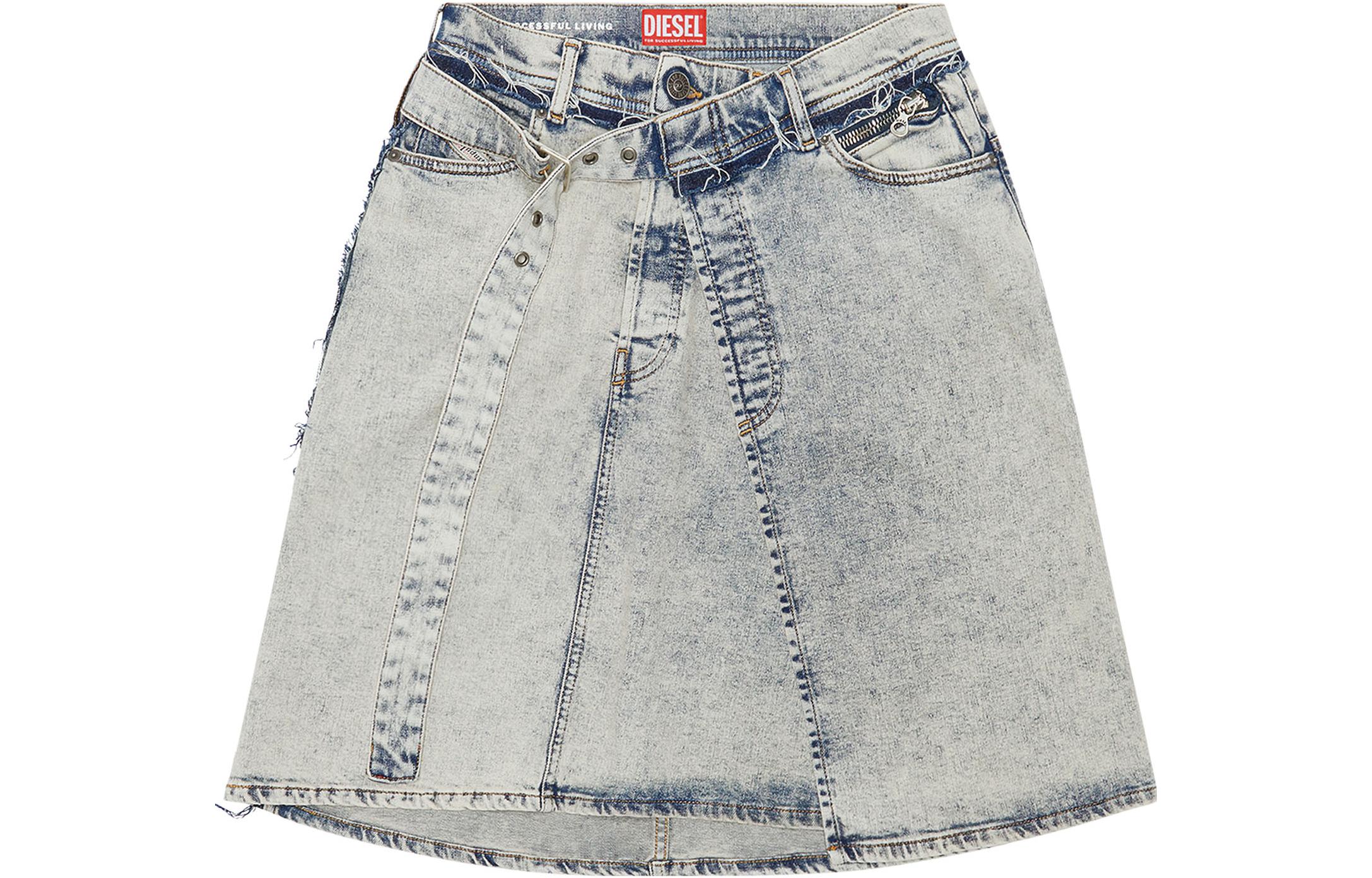 (Women) DIESEL  A-Line Distressed Button Denim Skirt. A0954109F12-01