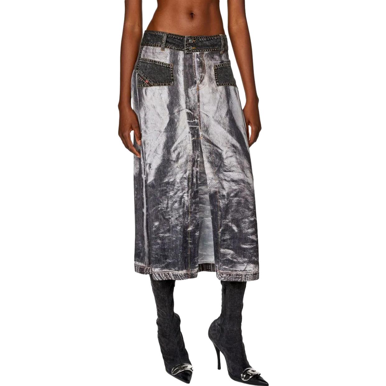 Shop (W) 디젤 추상 프린트 버튼 데님 패치워크 맥시 스커트. A107560LHAJ-9XX