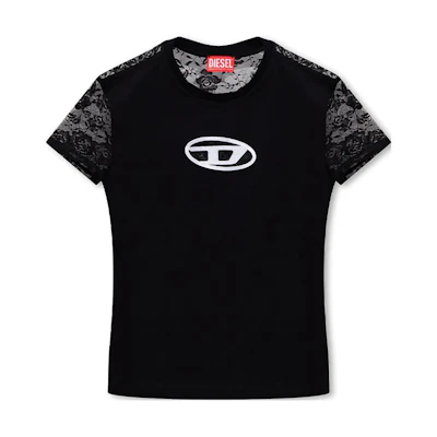 (Women) DIESEL Black Floral Lace Applique Crew Neck Short Sleeve T-Shirt A108380AFAA-9XX
