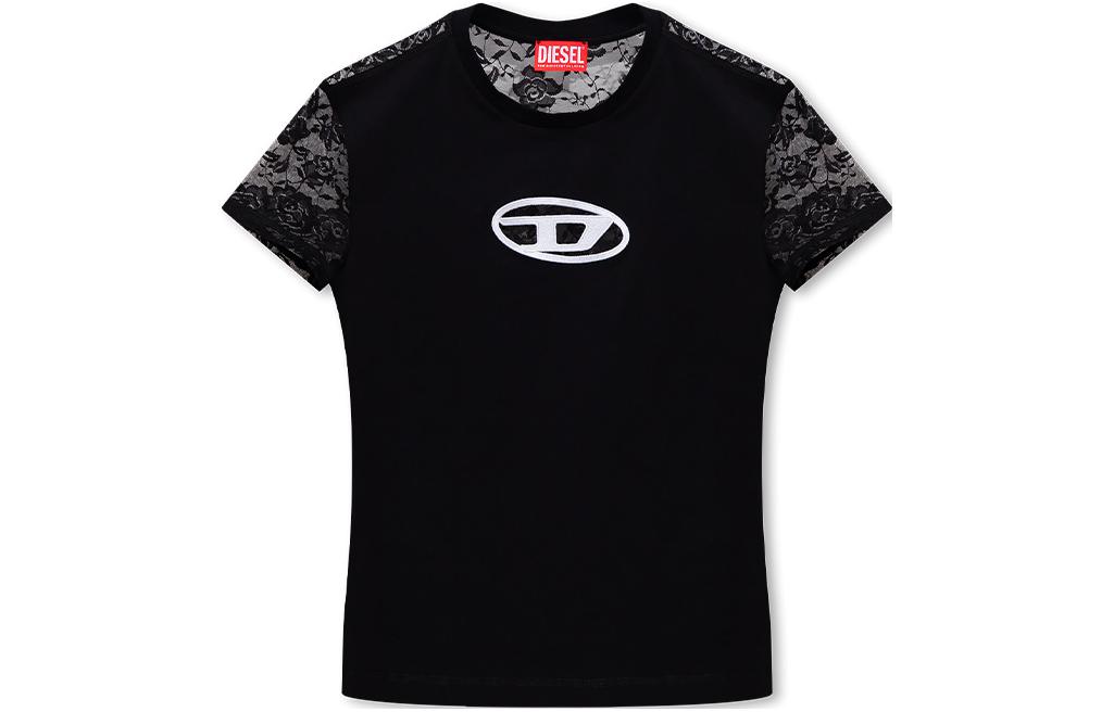 Order (Women) DIESEL  Black Floral Lace Applique Crew Neck Short Sleeve T-Shirt A108380AFAA-9XX