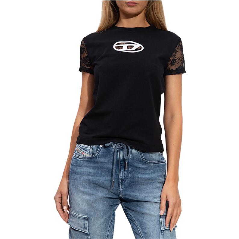 Lookbook (Women) DIESEL  Black Floral Lace Applique Crew Neck Short Sleeve T-Shirt A108380AFAA-9XX