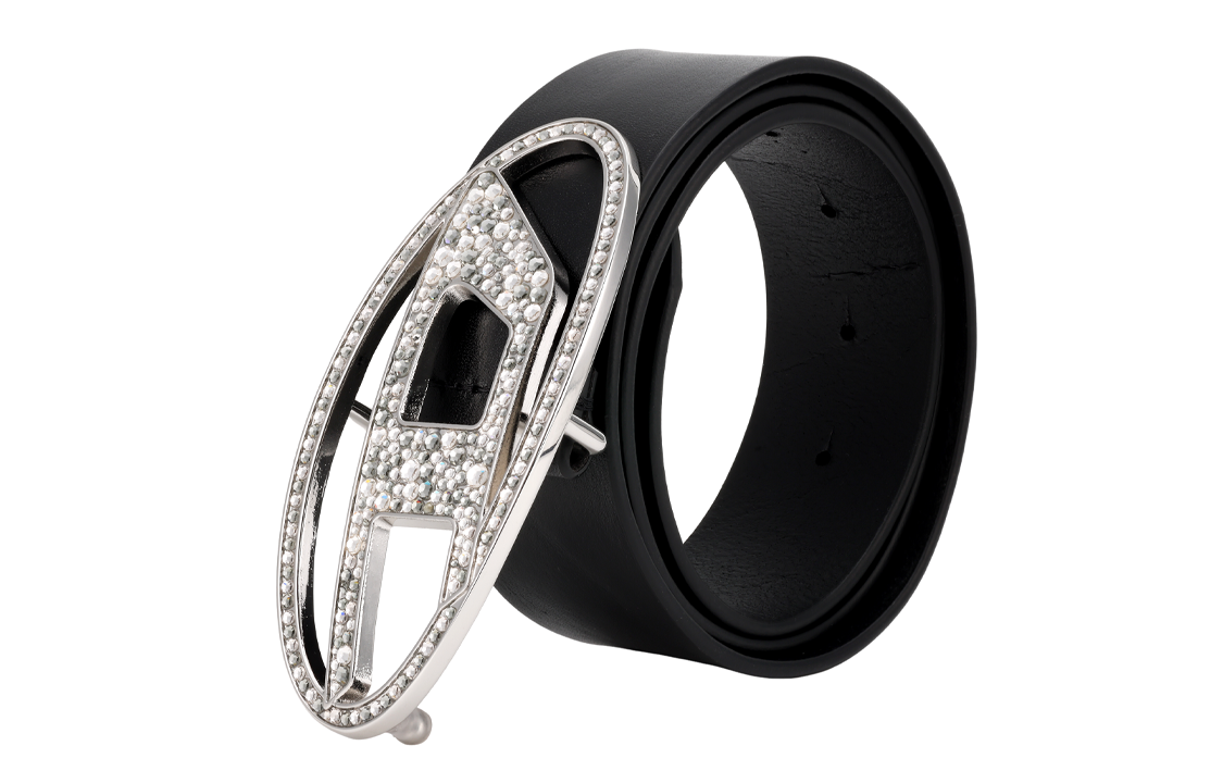 Lookbook (W) 디젤 블랙 가죽 벨트, 로고 내부, 매끈한 버클, 폭 3.9cm. X09611P0503T8013