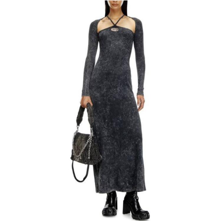 Shop (W) DIESEL 黑色修身长袖中长连衣裙全印花款式 A144230KHAS-900