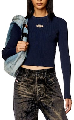 (W) DIESEL SS24 Oval D Logo Baju Ketat Rajut Navy Biru. A123970DLAX-8AT Lookbook (W) DIESEL SS24 Oval D Logo Baju Ketat Rajut Navy Biru. A123970DLAX-8AT