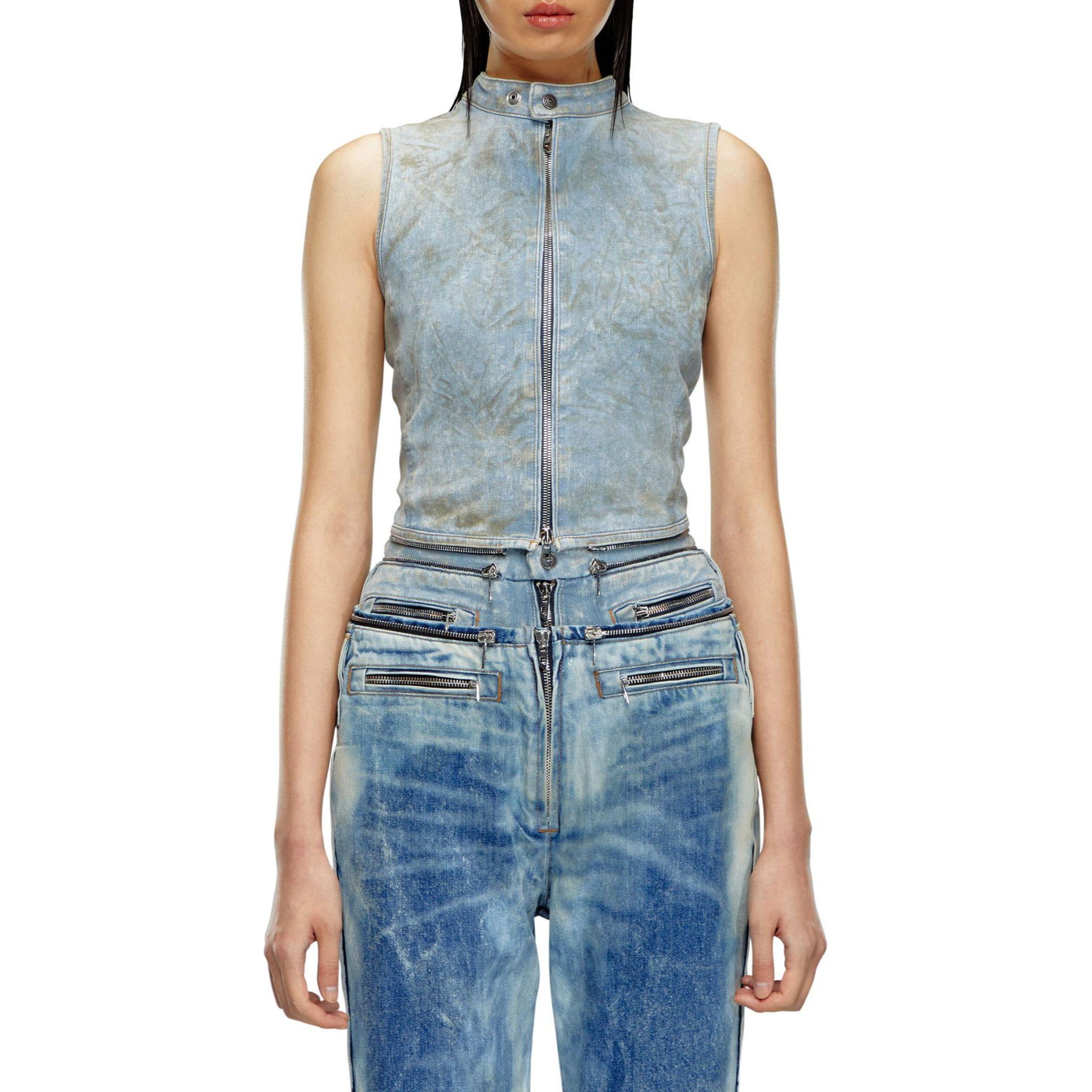 Shop (Women) DIESEL  SS24 Stretch Washed Denim Sleeveless Shirt Light Blue A1391009J93