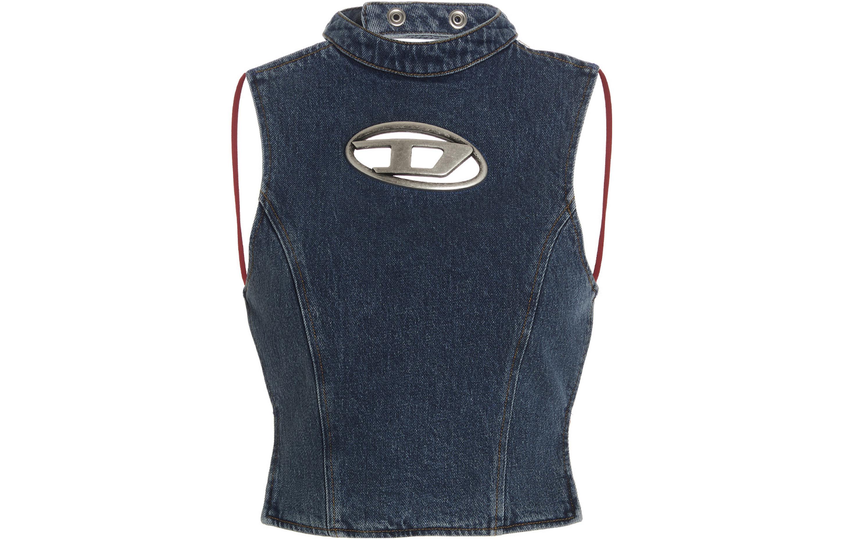 (Women) DIESEL Distressed Metal Logo Halter Crop Tank Top Denim Blue SS23 A108620LICI01