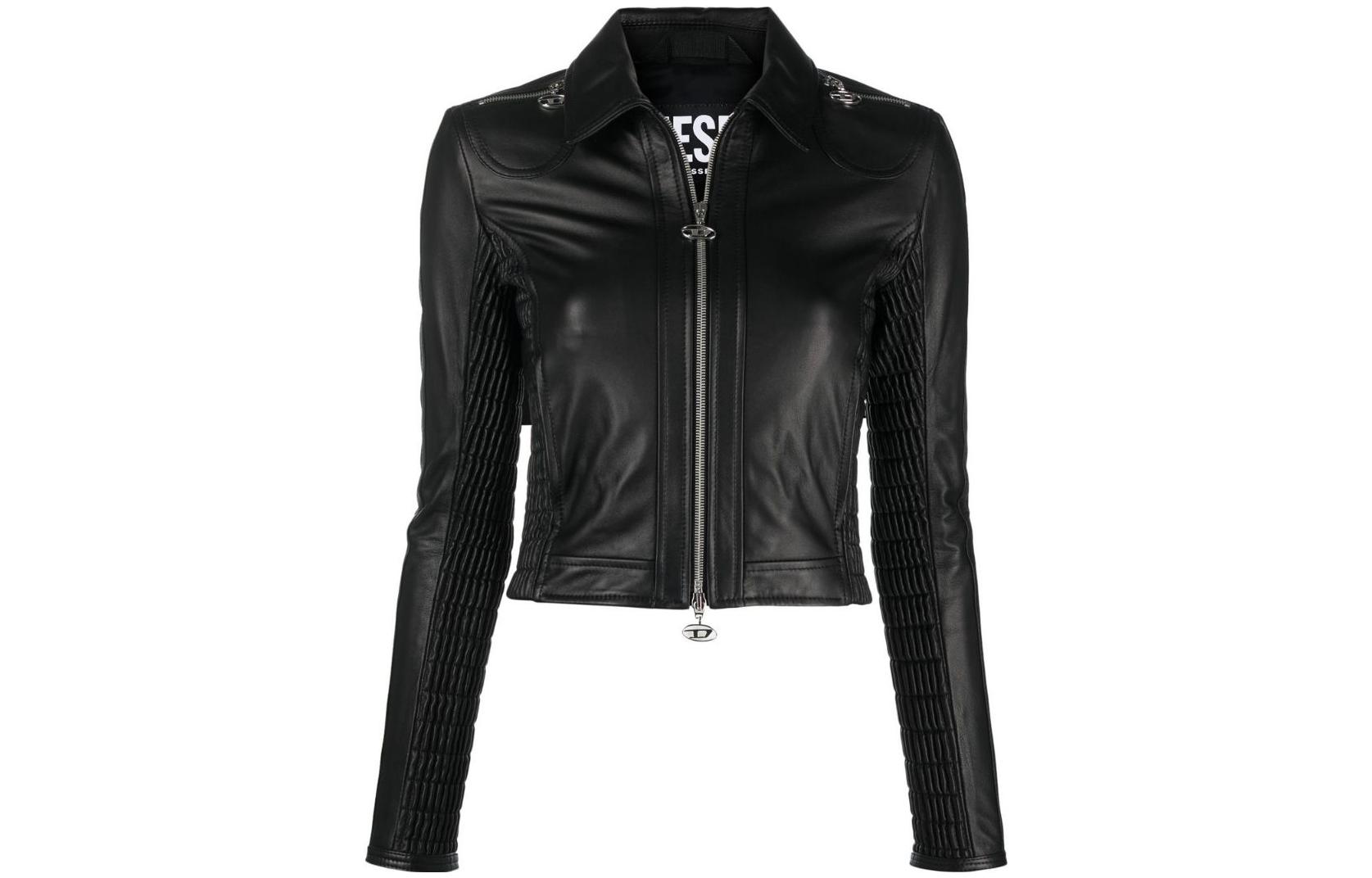 Order (W) DIESEL FW22 Jaket Kasual Zip Kulit Hitam Lengan Panjang. A063120AHAD9XX