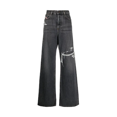 (Women) DIESEL FW22 D-Sire Distressed Wide-Leg Jeans Women Charcoal Gray A06925007F602