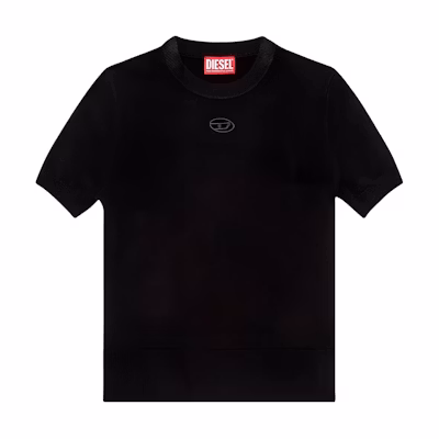 (Women) DIESEL FW23 Black Short Sleeve Knit Top with Logo and Ribbed Hem. A130140GEAY-BLACK