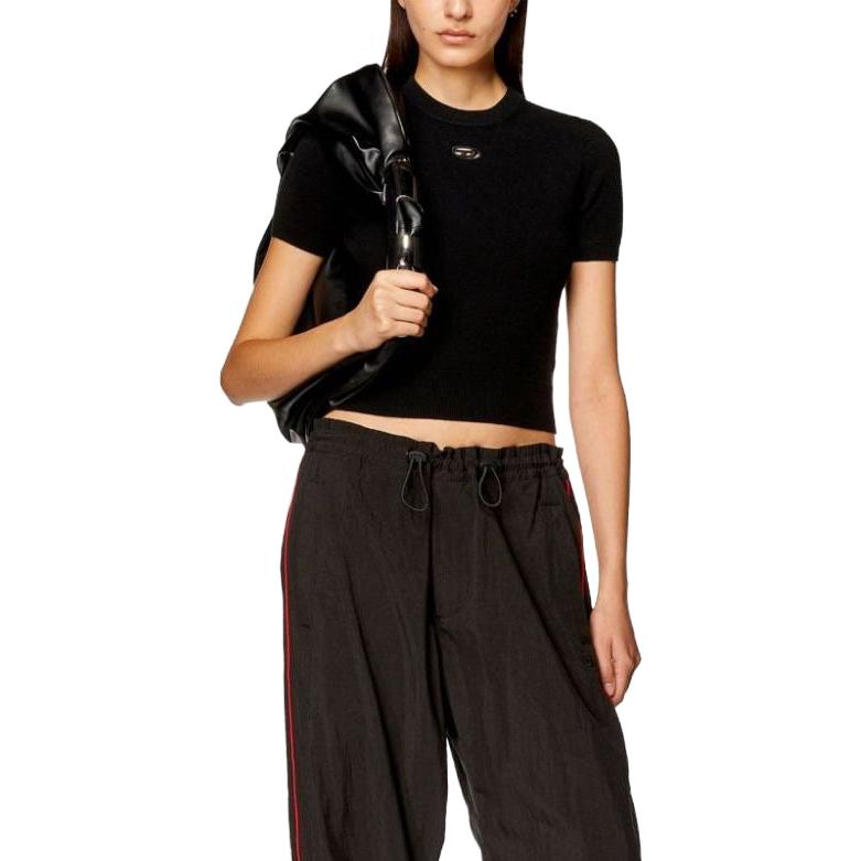 Lookbook (Women) DIESEL FW23  Black Short Sleeve Knit Top with Logo and Ribbed Hem. A130140GEAY-BLACK