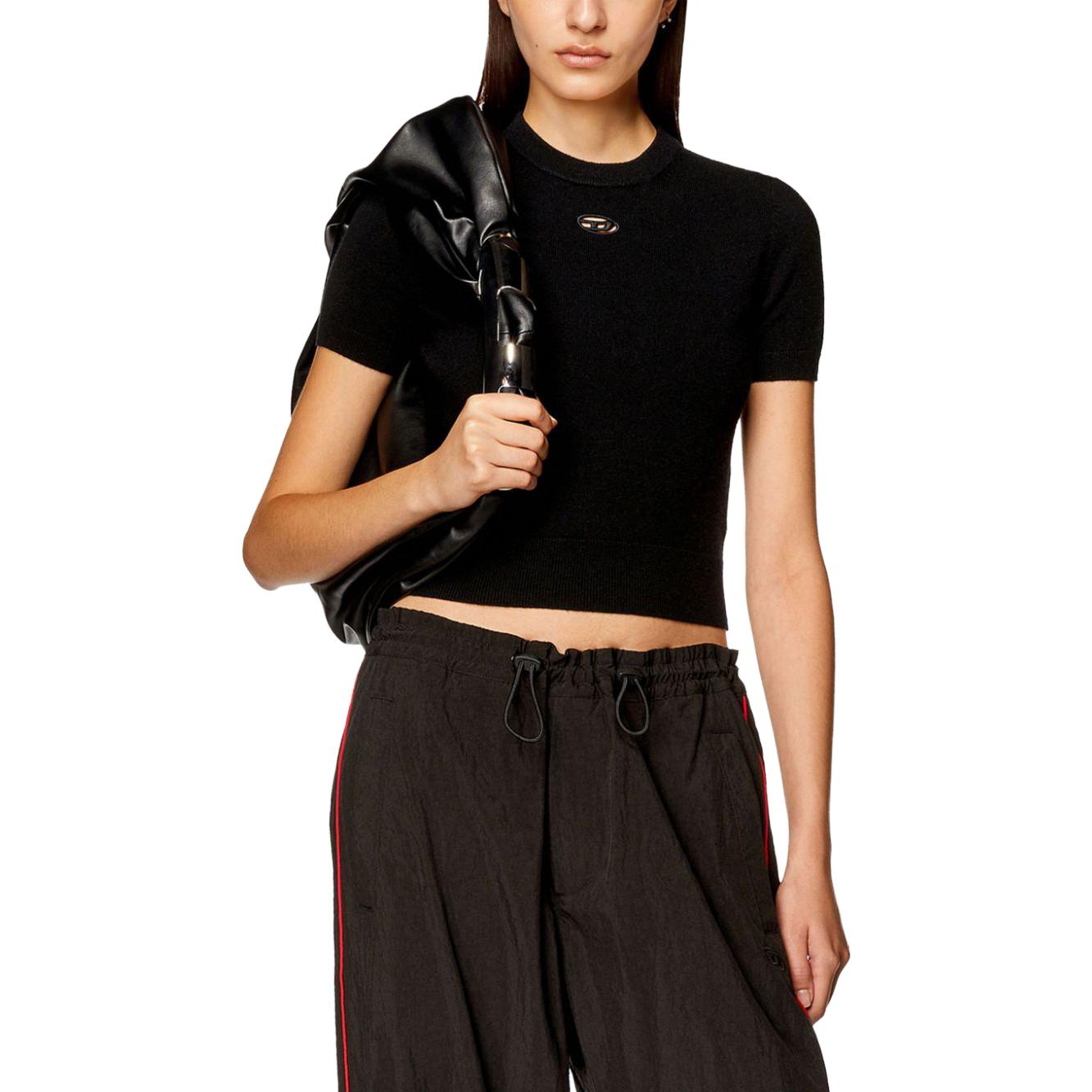 Shop (Women) DIESEL FW23  Black Short Sleeve Knit Top with Logo and Ribbed Hem. A130140GEAY-BLACK