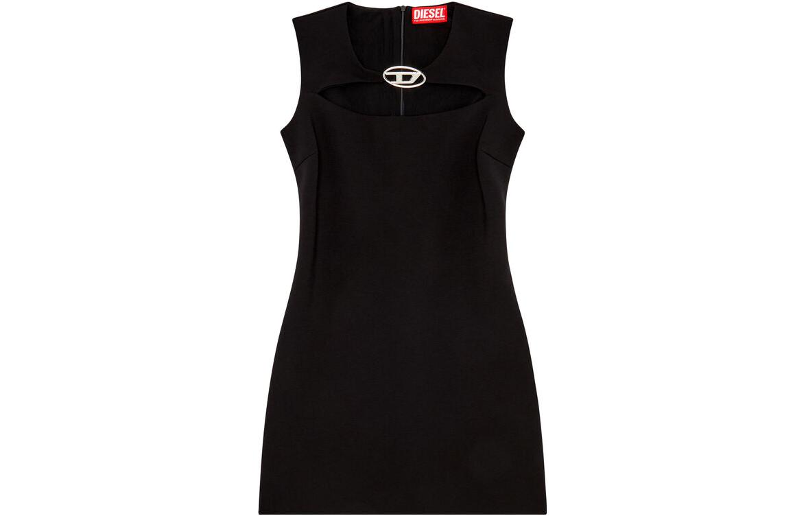(Women) DIESEL FW23  Black Sleeveless Dress with Metal Logo Oval Design. A120650JASB-9XX