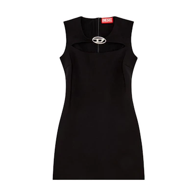 (Women) DIESEL FW23 Black Sleeveless Dress with Metal Logo Oval Design. A120650JASB-9XX