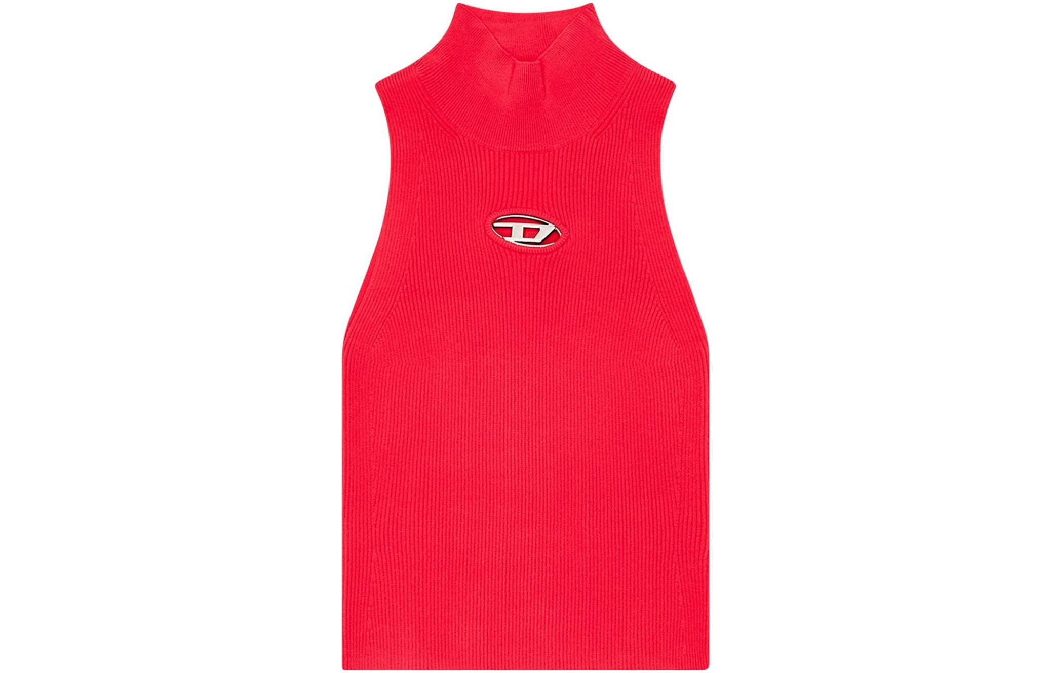 (Women) DIESEL FW23  Ribbed Metal Logo Cutout Turtleneck Tank Top - Deep Pink. A130200DLAX-RED