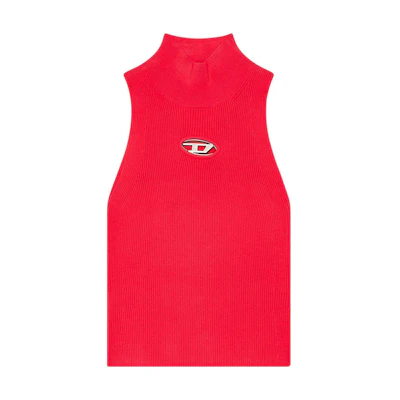 (Women) DIESEL FW23 Ribbed Metal Logo Cutout Turtleneck Tank Top - Deep Pink. A130200DLAX-RED