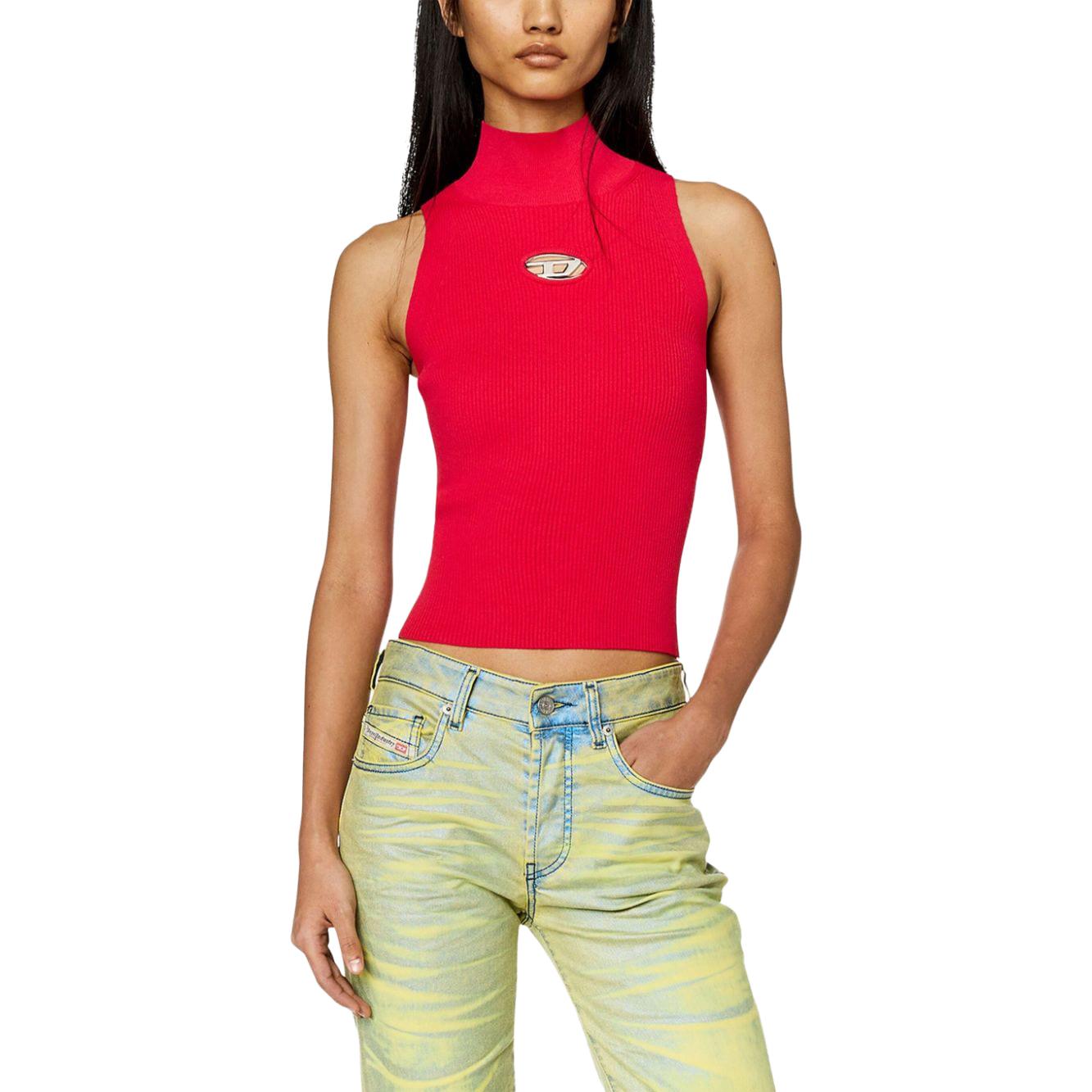 Lookbook (W) 디젤 FW23 메탈 로고 컷아웃 리브드 터틀넥 탱크탑 - 딥핑크. A130200DLAX-RED