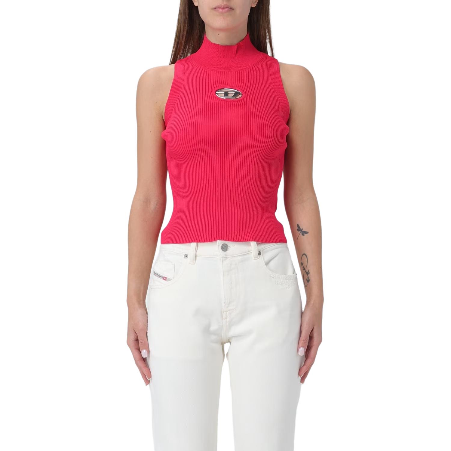 Details for (W) 디젤 FW23 메탈 로고 컷아웃 리브드 터틀넥 탱크탑 - 딥핑크. A130200DLAX-RED