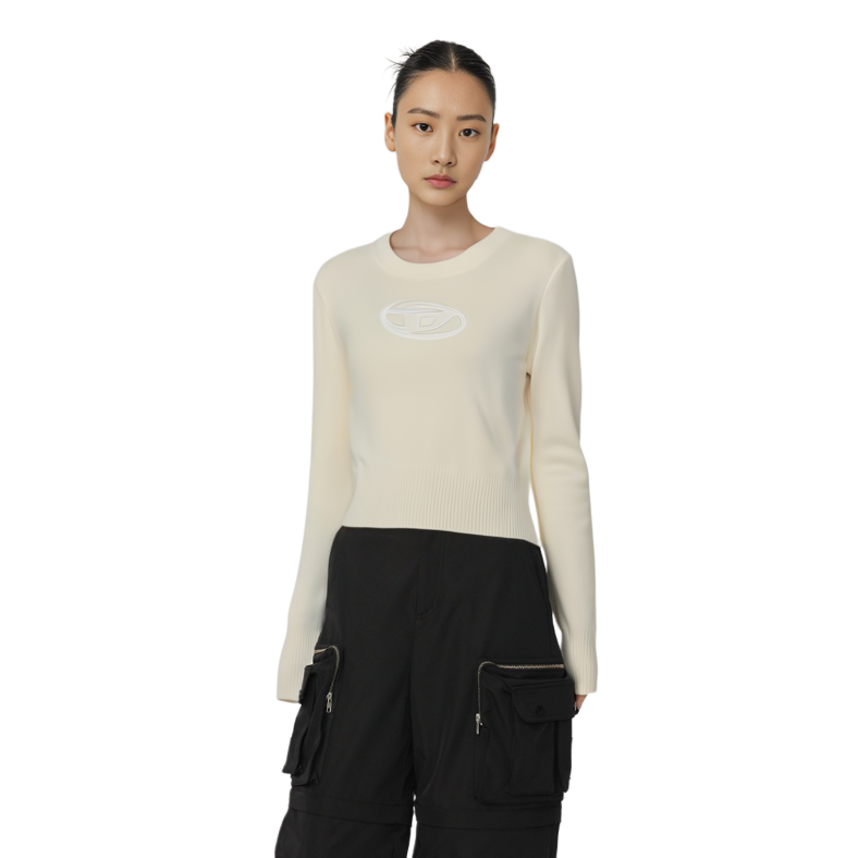 Details for (W) DIESEL FW23 OVAL-D Logo Cutout Crewneck Sweater Wanita Putih. A067120KCAE-5KM