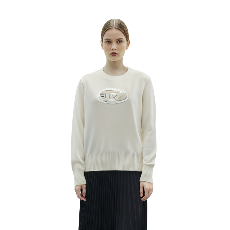 Sizing (W) DIESEL FW23 OVAL-D Logo Cutout Crewneck Sweater Wanita Putih. A067120KCAE-5KM