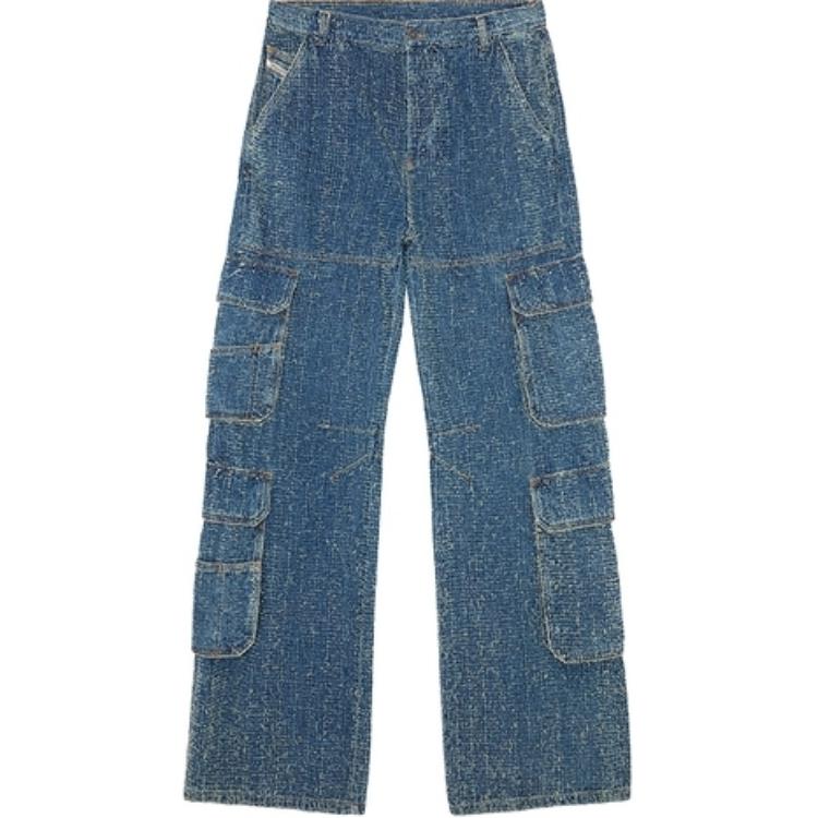 Order (W) DIESEL FW24 Jeans D-CARGO Low-Rise Wide-Leg Utiliti Biru Denim A149880PGAH-01