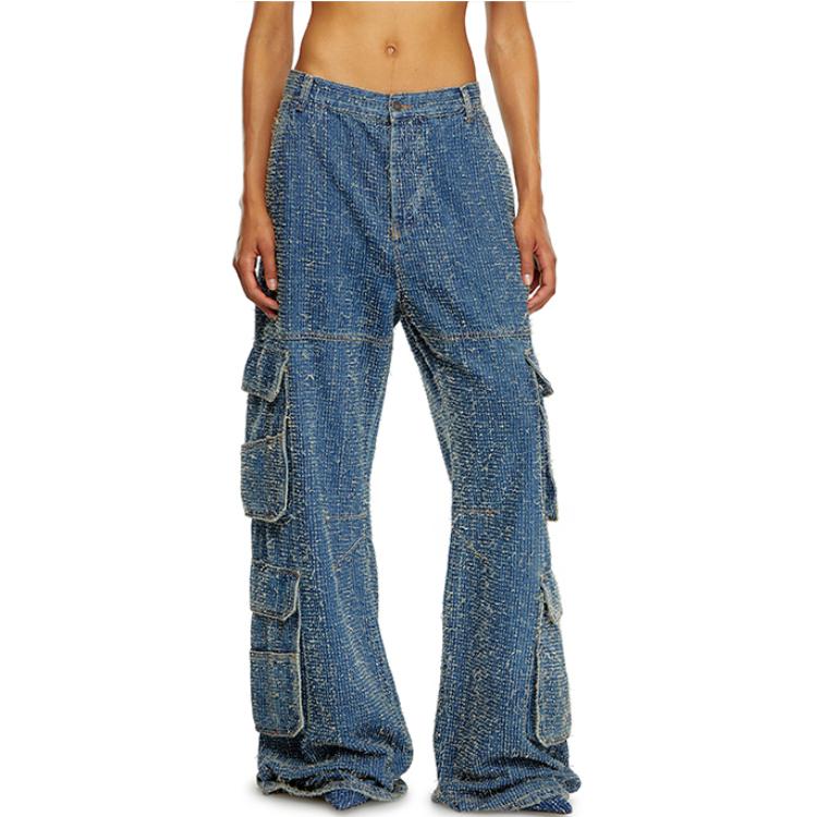 Shop (W) DIESEL FW24 Jeans D-CARGO Low-Rise Wide-Leg Utiliti Biru Denim A149880PGAH-01